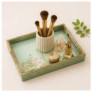 Ensemble de 3 plateaux de service en bois artisanaux de luxe, style Mughal, avec motifs traditionnels de paon et de palais, décoratifs et imbriqués - Product Image 4