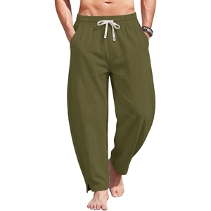 Men's Olive Green <b>Harem</b> Pants Elastic Waist Lightweight Cotton Casual Summer <b>Trousers</b> - Product Image 1