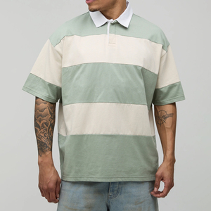 Chemise polo en tricot à col blanc rayé large coupe classique, couleur personnalisée, col rabattu, manches courtes, pour homme - Product Image 1