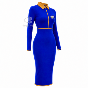 เดรสทรงบอดี้คอนสีน้ำเงินสำหรับผู้หญิง ยี่ห้อ Sigma Gamma Rho พร้อมปกโปโลสีทองตัดกัน ซิปยาวครึ่งตัว แขนยาว ทรงเข้ารูป สไตล์ลำลอง - Product Image 2