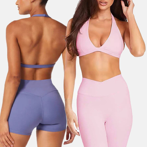 Ensemble de sport pour femme : soutien-gorge à col halter et short cycliste taille haute – Tenue de fitness, yoga, gym – Vente en gros fabricant - Product Image 2