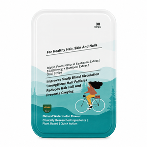 OEM ผลิตภัณฑ์เสริมอาหารไบโอติน 10000mcg แบบแผ่นฟิล์มบางสำหรับรับประทาน สารสกัดจากเซสบานีอาและไม้ไผ่ สำหรับผู้ใหญ่  วีแกน บำรุงผม ผิว เล็บ 30 แผ่น - Product Image 1
