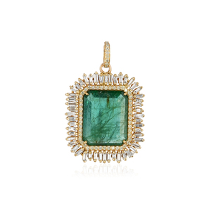 Colgante Hecho a Mano de Oro Amarillo Sólido de 14k con Diamante Baguette Natural y Esmeralda, Joyería Fina al por Mayor - Product Image 4