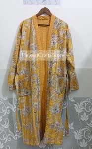 Kimono acolchado estampado amarillo para mujer, kimono largo, manga tres cuartos, cuello en V, ropa de dormir informal, tejido, para primavera - Product Image 2