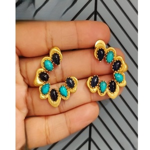 Beautiful Gold Plated Flower Huggie <b>Earrings</b> With Turquoise And <b>Black</b> Stones For Women Bohemia Style Party Wear - Product Image 1