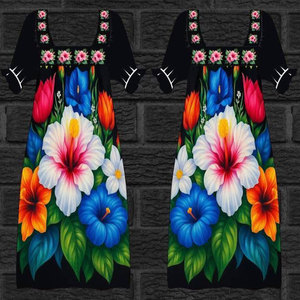 Robe une pièce en polyester personnalisable pour femme, motif floral tribal polynésien, taille naturelle, longueur midi ou sur mesure, lavable et écologique - Product Image 5
