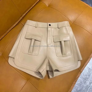 Shorts en cuir véritable pour femme, taille haute, collection Printemps-Été 2026, style coréen, avec poches, décontracté, en peau de mouton, blanc, streetwear - Product Image 2