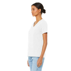 Camiseta de cuello en V para mujer, color blanco sólido, mezcla de algodón, estilo relajado, manga corta, transpirable, precio al por mayor - Product Image 5