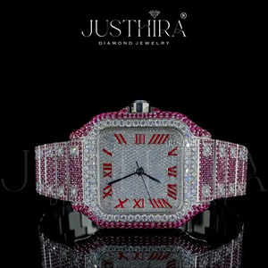 Reloj de Pulsera de Lujo para Hombre, Estilo Hip Hop, con Piedras de Rubí Rosa de Alta Calidad, Números Romanos Plateados Vintage, Automático, con Moissanita - Product Image 2