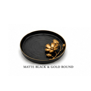 Plateau de service rond noir avec motif floral doré, finition laquée, décoratif pour usage résidentiel - Product Image 6