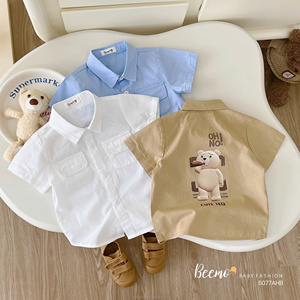 Vêtements pour enfants chemise manches courtes pour été automne solide mignon ours imprimer garçons bébé à manches courtes garçons chemise - Product Image 3