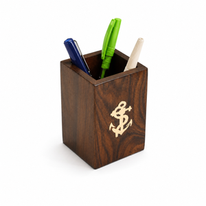 Handmade Indian Rosewood Pen Holder | Brass Anchor Inlay Wooden <b>Desk</b> Organizer | Luxury Office Table Pen Stand Gift Decor - Product Image 1
