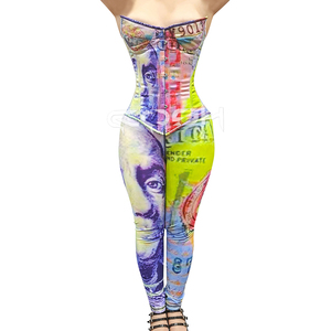 Ensemble coordonné de luxe imprimé billet de banque, comprenant un corset bustier à baleines en acier et un legging assorti - Product Image 1