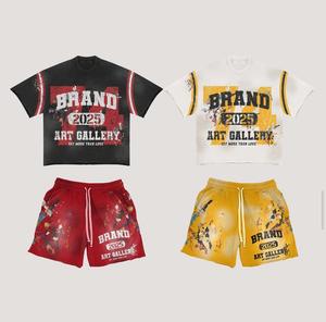 Conjuntos de Ropa Personalizados para Hombre, Pantalones Cortos y Camiseta de Algodón Grueso con Estampado Gráfico y Bajo Desgastado, Lavado Ácido - Product Image 1