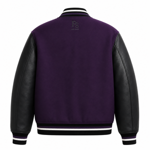 Veste universitaire unisexe Deep Purple avec manches en cuir, patch en chenille, boutons pression sur le devant, logo personnalisé, veste universitaire streetwear OEM - Product Image 2