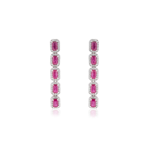 Stunning Luxurious 14K Pure White <b>Gold</b> Real Gemstone Ruby & Diamond Halo Long <b>Dangle</b> <b>Earring</b> For Women Statement Wedding Jewelry - Product Image 1