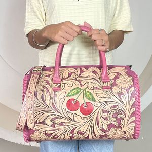 Luxury Hand Tooled Leather Duffel <b>Bag</b> Cherry Design Pink Genuine Leather Travel Weekender <b>Bag</b> Large Capacity <b>Overnight</b> Luggage - Product Image 4
