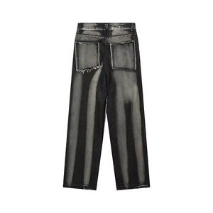 Jean en denim patchwork taille haute pour homme, coupe ample, style streetwear déchiré, en coton, pour l'automne - Product Image 3