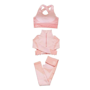 <b>Pink</b> 3 Piece Yoga <b>Set</b> Women Seamless High Waist Leggings Sports Bra Full Sleeve Jacket Breathable Fitness Wear - Product Image 3