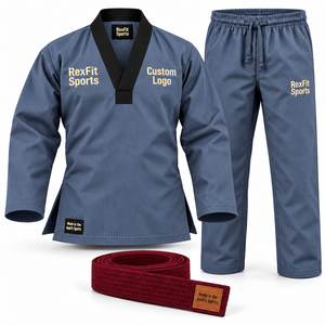 Conjunto de práctica de Taekwondo al por mayor con camiseta de cuello en V, pantalones de pierna ancha, logotipo bordado en el pecho y uniforme duradero OEM - Product Image 2
