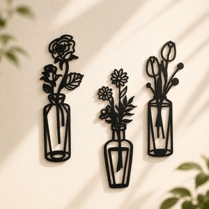 Juego de 3 Adornos de Pared Florales de Metal Negro Moderno, Decoración de Pared Minimalista con Florero, Adorno de Pared de Hierro Contemporáneo para Sala de Estar - Product Image 1