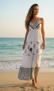 Robe longue imprimée pour femme, col en V, sans manches, coupe ample décontractée, style bohème en coton, vente en gros - Product Image 4