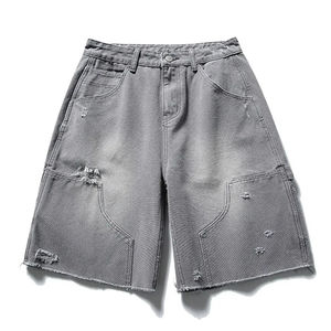 Shorts Bermuda déchirés gris pour homme, taille haute, en toile, style décontracté, avec fermeture boutonnée et poches - Product Image 1