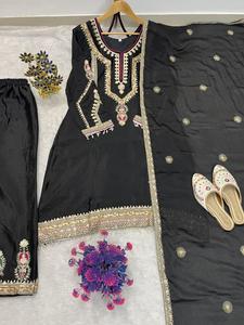 Indian Boutique Embroidered Embossed Silk <b>Suit</b> Set with Palazzo Dupatta Traditional Ethnic Wear <b>Wedding</b> Wear Partywear <b>Women</b> - Product Image 4