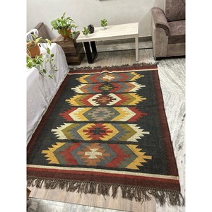 Tapis géométrique Kilim fait main en laine et acrylique, tissage plat, rectangulaire, pour salon, avec franges, motif multicolore - Product Image 2