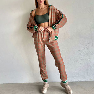 Ensemble de survêtement à carreaux pour femme, sweat-shirt décontracté à manches longues avec fermeture éclair sur le devant et pantalon de survêtement, polyester respirant, vêtements d'automne - Product Image 3