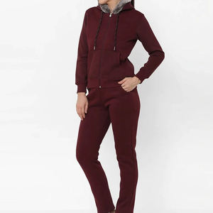 Ensemble de survêtement en molleton bordeaux à capuche, coupe ajustée, sweat-shirt zippé et pantalon, unisexe, décontracté, pour l'hiver, couleur unie, tricoté - Product Image 1