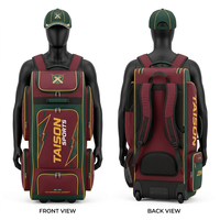 Bolsa Deportiva Personalizada de Alta Resistencia, 900D Poliéster, 420 GSM, para Equipo de Cricket Masculino, Color Granate y Verde, con Base de Ruedas y Logotipo Impreso