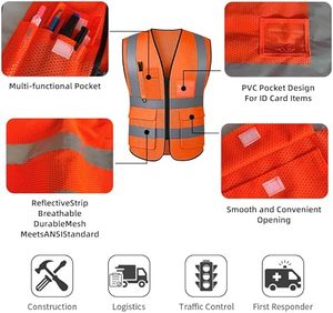 Hi Vi Reflective Safety Vest ANSI/EN ISO CLASS 3 High Visibility <b>Construction</b> <b>Work</b> <b>Jacket</b> - Product Image 3
