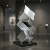 Sculpture géométrique en acier inoxydable brossé moderne, art métallique abstrait pour la décoration intérieure d'hôtel, de bureau, de villa