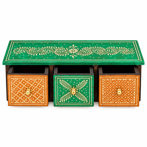 Caja de Joyería de Madera Tallada y Pintada a Mano con 3 Cajones, Almacenamiento Tradicional Indio para Decoración del Hogar - Product Image 2