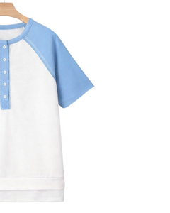 Women White Sky Blue Raglan Sleeve Henley T Shirt Cotton Blend Short Sleeve Casual Summer <b>Top</b> Comfortable Lightweight Wear - Product Image 2
