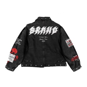 Chaqueta vaquera vintage de alta calidad para hombre, con parches personalizados, estilo urbano, cuello con cremallera, informal. - Product Image 3
