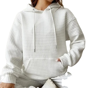 Sudadera con capucha holgada con textura de gofre para mujer de otoño, mangas caídas sólidas con Jersey y bolsillo, tela de rizo informal - Product Image 4