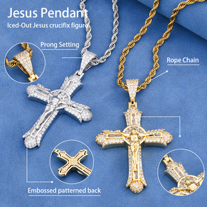<b>Mens</b> 925 Silver Moissanite Diamond <b>Cross</b> <b>Pendant</b> Necklace Two Tone Rope Chain Iced Out Lightweight Hip Hop Jewelry Gift for <b>Men</b> - Product Image 4