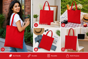 กระเป๋าผ้าแคนวาสสีแดง 14x16 นิ้ว สีพื้น เย็บเสริมความแข็งแรง สายสะพายไหล่ ใช้ได้ทุกวัน กระเป๋าช้อปปิ้ง - Product Image 4