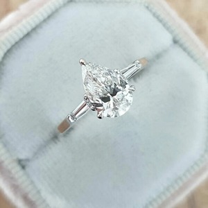 Pear Shaped Lab Grown <b>Diamond</b> <b>Ring</b> 1.97 CT 14K White Gold Hidden Halo Three Stone Baguette Side Engagement <b>Ring</b> - Product Image 3