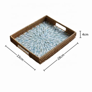 Boho Style Manufacturer square Rattan Mother of Pearl Inlay Tray, Woven Tray with <b>Handle</b> Tray for Coffee Tea - Product Image 2