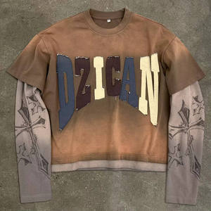 T-shirt personnalisé de haute qualité, coupe ample et oversize, avec broderie graphique, style streetwear, effet délavé, double couche, manches longues - Product Image 1