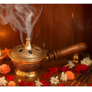 Brûleur d'encens en laiton doré avec couvercle et poignée, diffuseur d'aromathérapie pour la décoration de la maison - Product Image 6