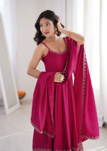 Conjunto de Salwar de Seda Fendy Suave y Pura para Mujer, Bordado, Largo hasta el Suelo, para Bodas Indias, Pakistaníes, Diwali, Secado Rápido - Product Image 1