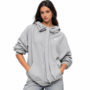 Sweat-shirts pour femmes surdimensionnés à col nœud papillon en mélange de coton, épaules tombantes, poche kangourou, coupe ample, style streetwear décontracté, marque privée ODM - Product Image 1