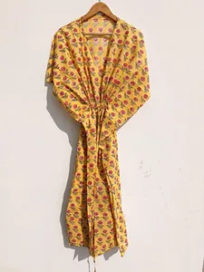 Robe Kaftan en Coton Imprimé Jaune Moutarde Premium, Style Bohème Floral avec Col en V, Manches Courtes et Taille à Nouer, Robe d'Été - Product Image 6