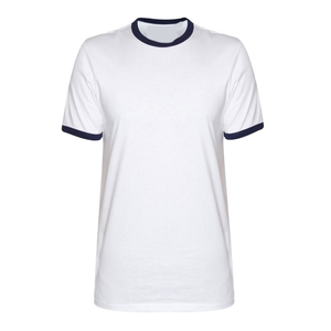 T-shirt blanc à manches courtes pour homme avec bordure contrastée marine, col rond, coupe décontractée, jersey en coton uni - Product Image 1