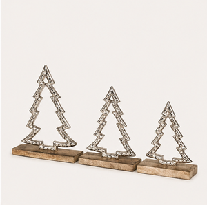 Elegant Set Of 3 Minimalist Cutout Metal Xmas <b>Trees</b> Sculpture Natural Wooden Stand Silver Hammered Finish Christmas Centerpiece - Product Image 5