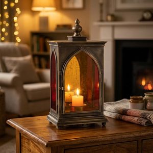 Antique Brass Tabletop Lantern 26 cm Handmade Glass & Brass Candle Holder with Double Flame <b>Mandir</b> Arch Home Decorative Item - Product Image 2